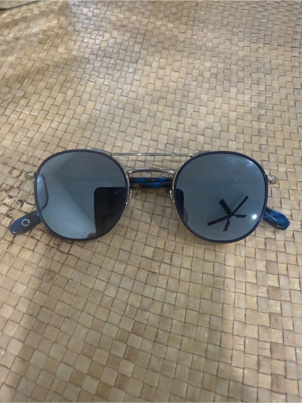 KREWE Round Sunglasses with Gray Lenses and Blue Temples
